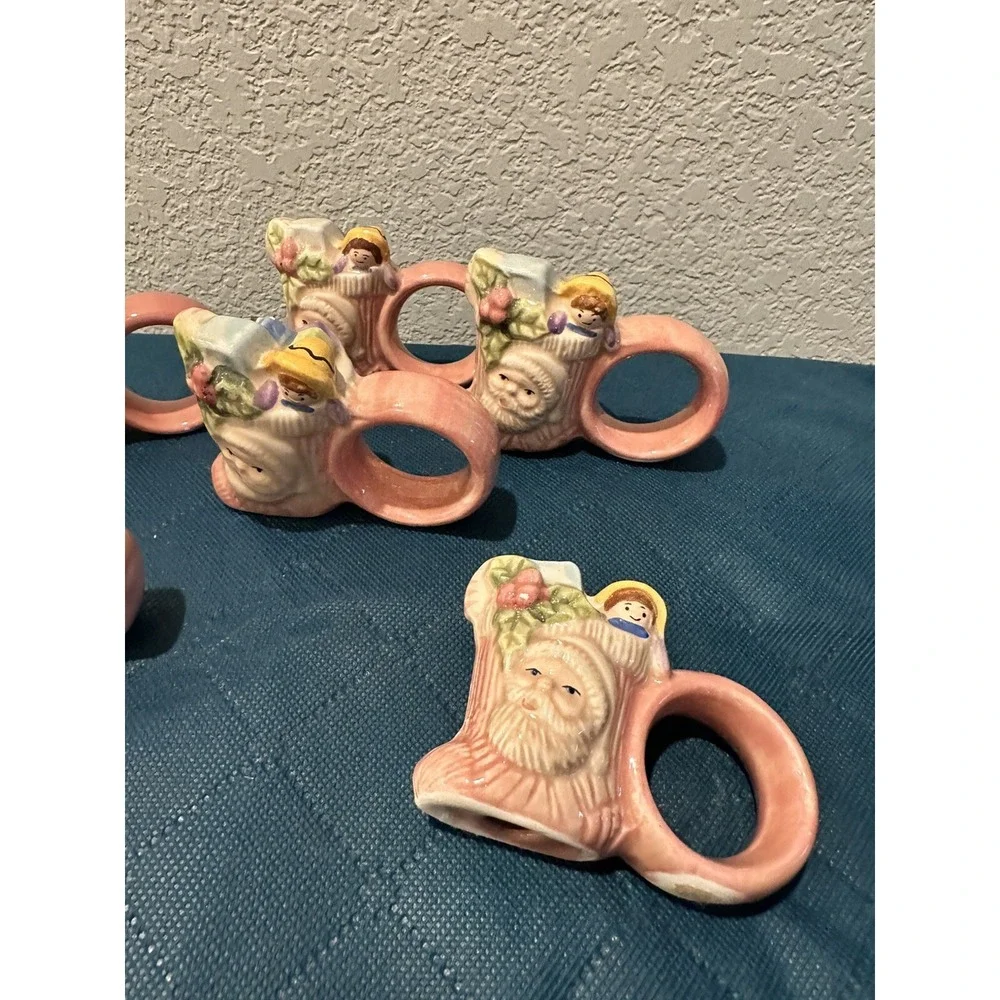 Christmas Napkin Holders Hand Painted Stockings Santa Presents Light Red Vintage